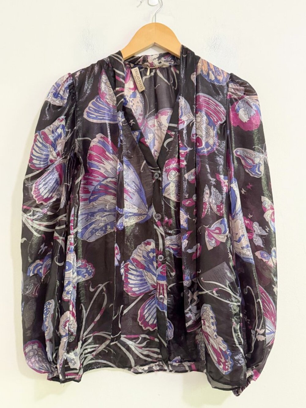 Emilio Pucci Butterfly Print Metallic Lame Blouse